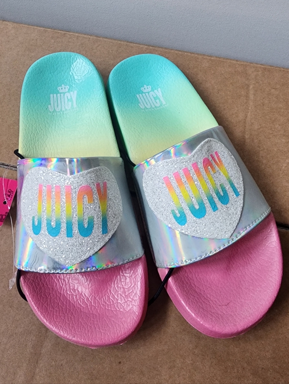 Juicy Couture Gradient Mint Pink Holographic Kids Slide Sandals